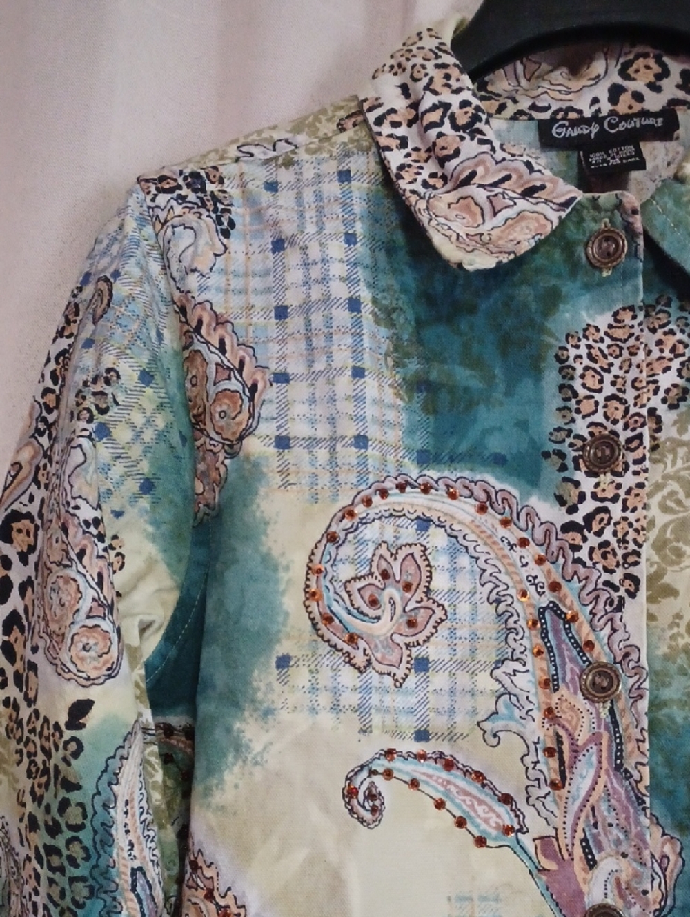 Gaudy Couture Paisley Animal Print Denim Jacket Rhinestones Button Front Sz M - Picture 4 of 15